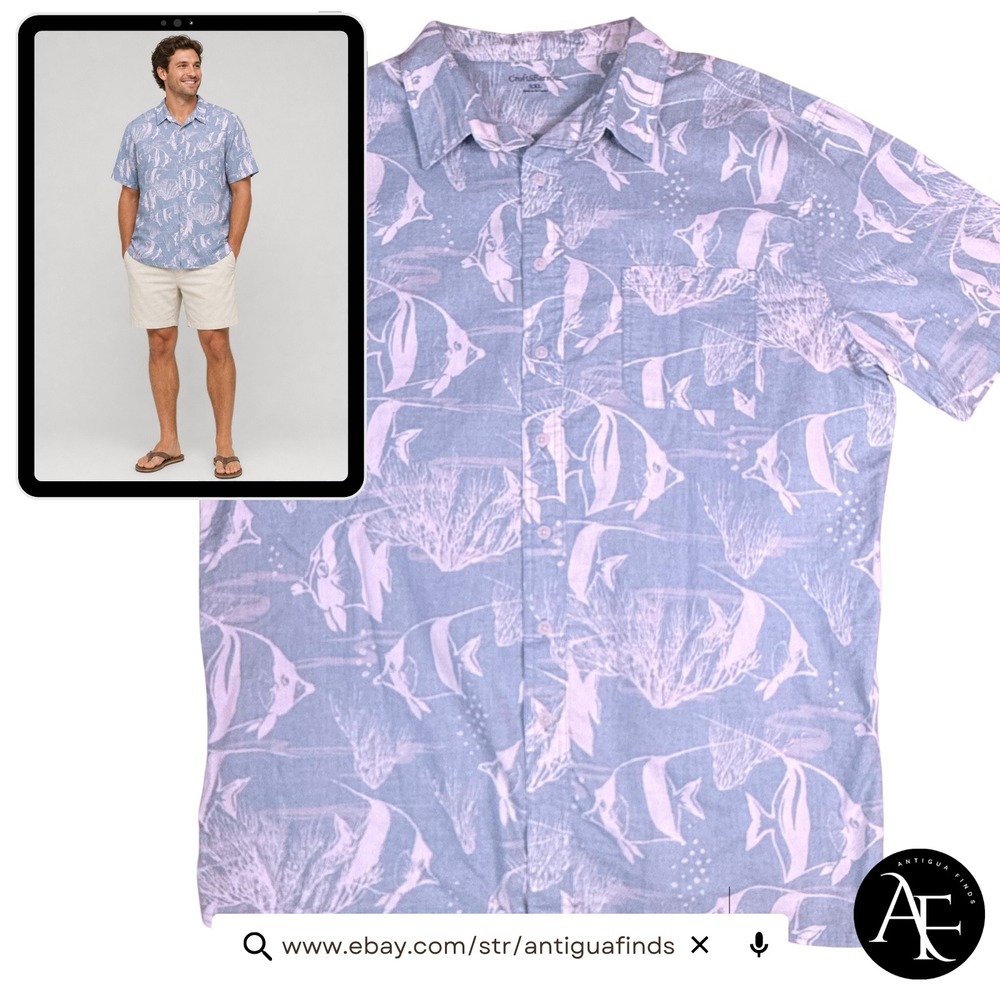 Croft & Barrow Mens XXL Blue Fish Coral Print Cotton Short Sleeve Shirt Vacation